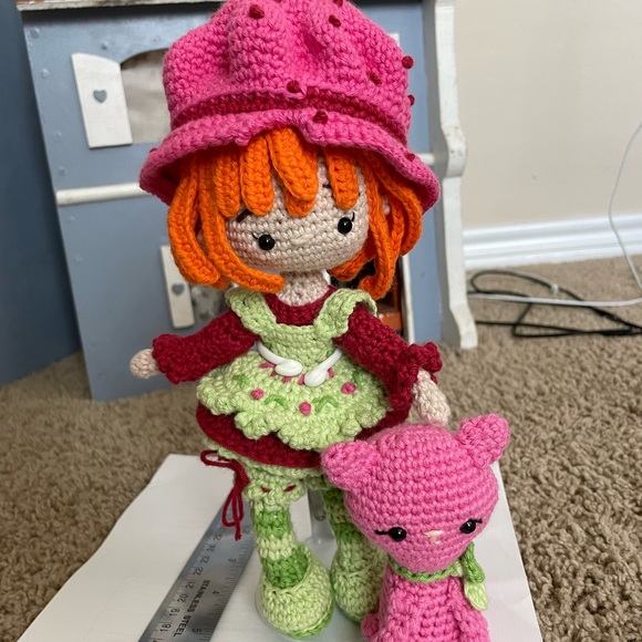 Handmade, Crocheted Strawberry Shortcake Doll with Custard the Cat - Picture 3 of 10